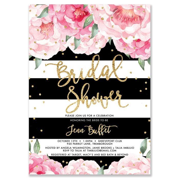 Wedding - "Jenn" Peonies   Black Stripe Bridal Shower Invitation