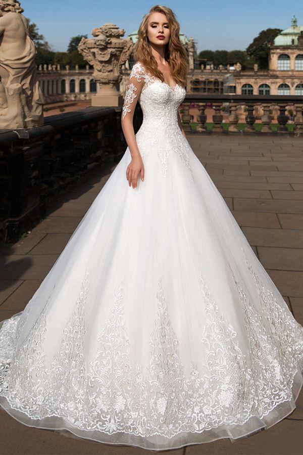 Wedding - Attractive Tulle Sheer Bateau Neckline A-Line Wedding Dress With Lace Appliques