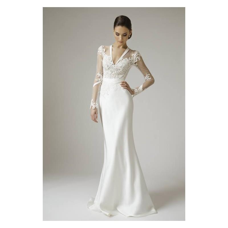 زفاف - [Vamp Mados Namai] Ivory Vintage Detachable Long Sleeves Fit & Flare V-Neck Appliques Zipper Up Tulle Bridal Dress - Truer Bride - Find your dreamy wedding dress