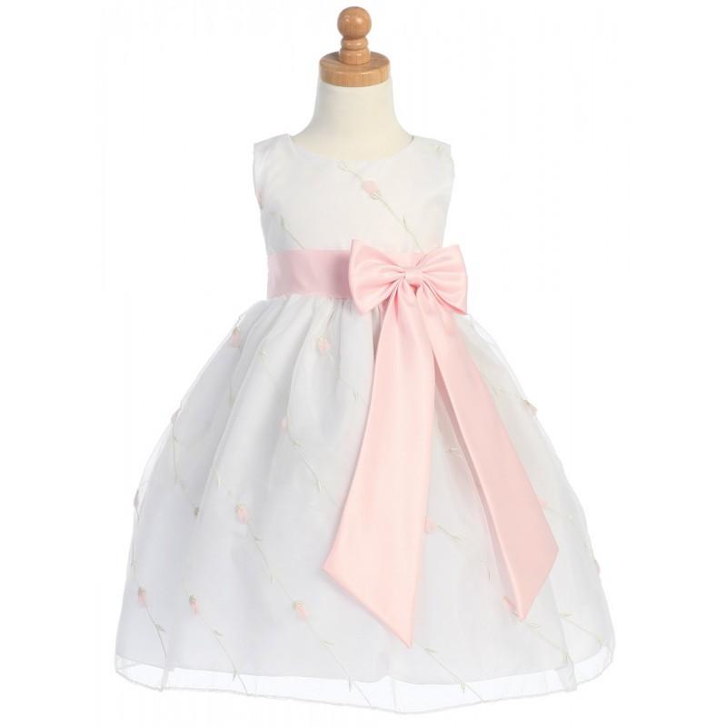 زفاف - White/Pink Embroidered Organza Dress w/Taffeta Waistband & Bow Style: LM618 - Charming Wedding Party Dresses