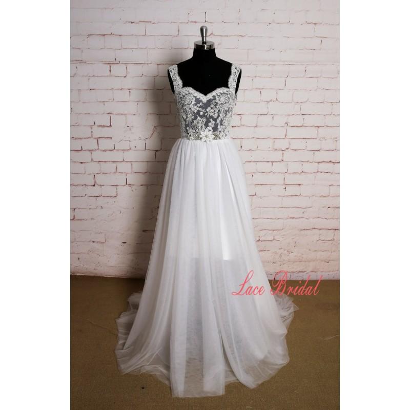 Mariage - Lace Straps Wedding Dress with Sheer Bodice Backless Bridal Gown with Tulle Skirt - Hand-made Beautiful Dresses