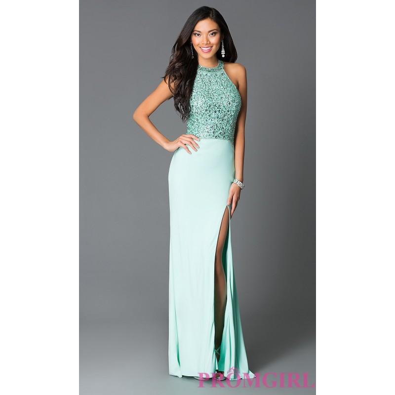 Mariage - Mint High Neck Beaded Open Back Long Prom Dress With Slit - Brand Prom Dresses