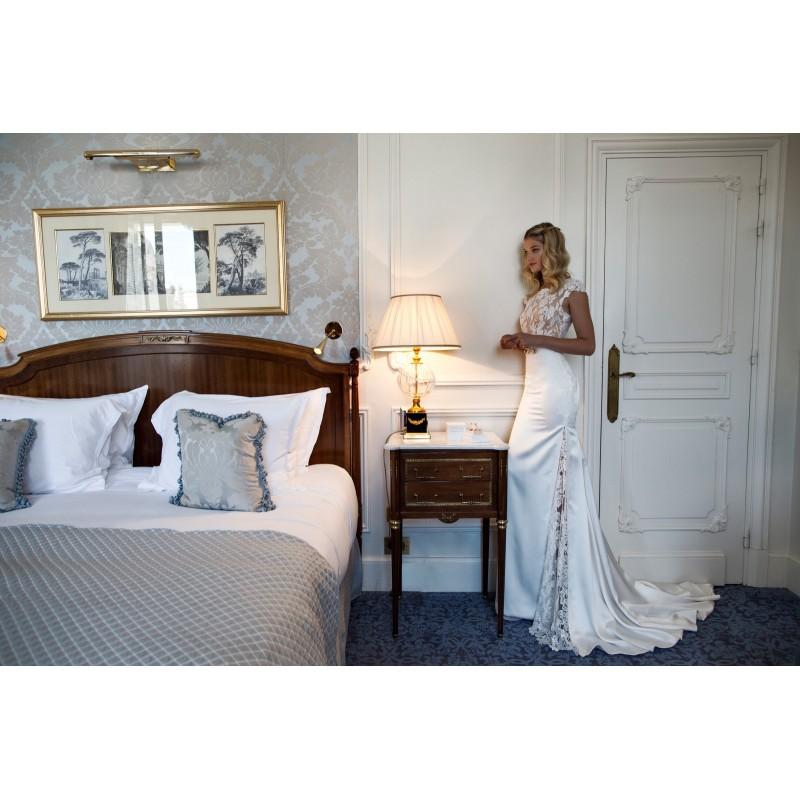 زفاف - Alessandra Rinaudo 2017 Britney ARAB17633 White Chapel Train Elegant Fit & Flare Bateau Cap Sleeves Beading Satin Bridal Dress - Rolierosie One Wedding Store