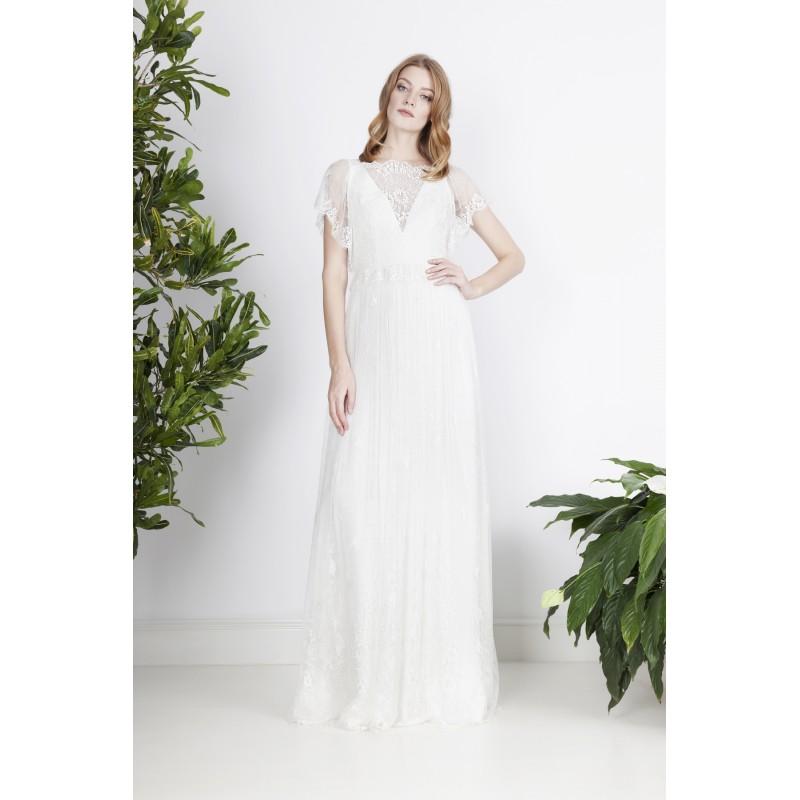زفاف - Divine Atelier 2017 Lenya Butterfly Sleeves Open V Back Lace Illusion Floor-Length Appliques Ivory Vintage Aline Bridal Gown - Brand Wedding Dresses
