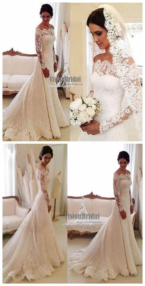 زفاف - Beautiful Off The Shoulder Long Sleeve Lace Wedding Dress With Trailing, Wedding Dress, VB0691