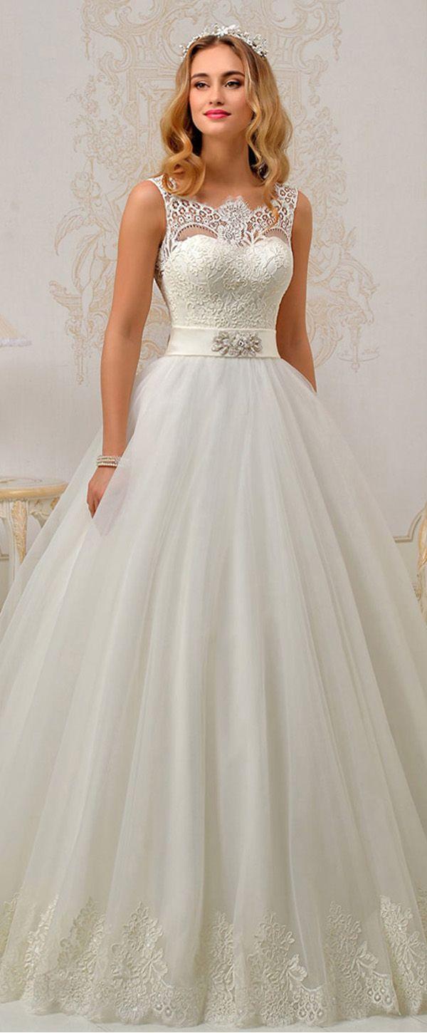 Hochzeit - Fantastic Tulle & Satin Bateau Neckline A-Line Wedding Dresses With Lace Appliques