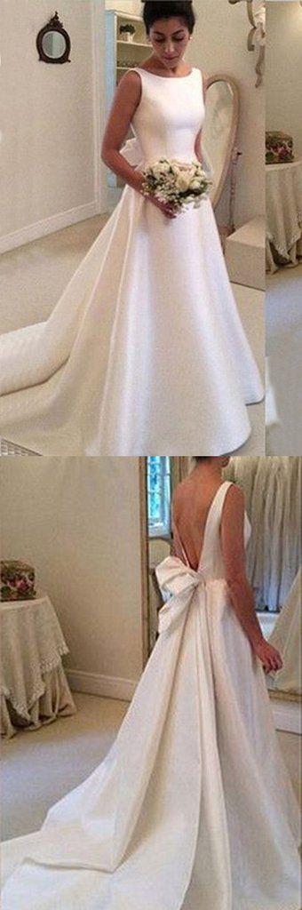 زفاف - White Satins Round Neck Bowknot Backless Train Wedding Dress, Handmade Dresses