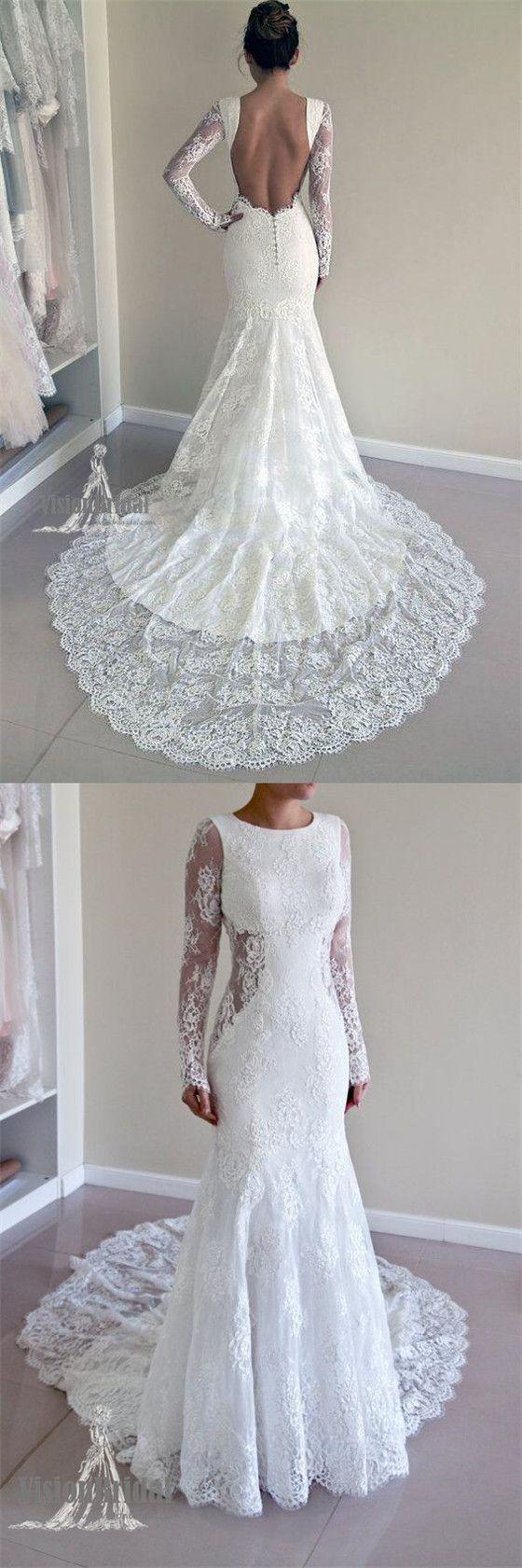 Wedding - Attractive Round Neck Long Sleeves Open Back Lace Wedding Dress With Trailing, Wedding Dress, VB0686