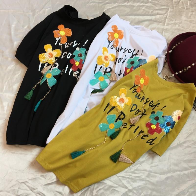 Wedding - Sweet Fringe Scoop Neck Short Sleeves Sequined Cotton Accessories Floral Alphabet Summer Attractive T-shirt - Discount Fashion in beenono