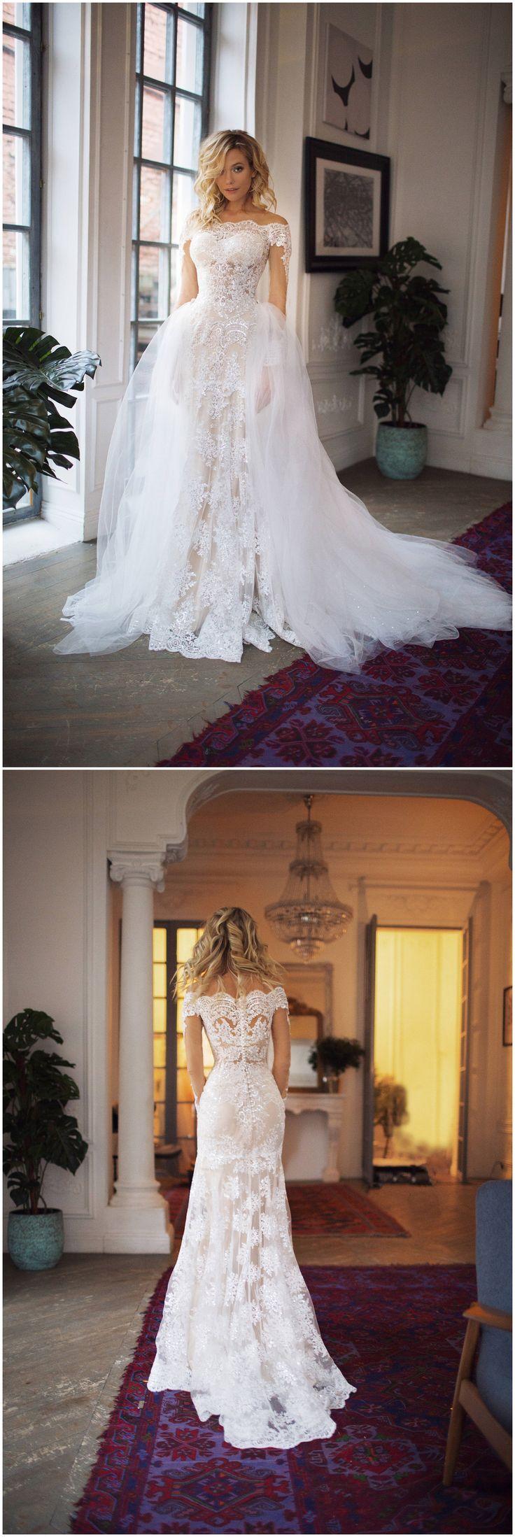 Свадьба - Detachable Train Wedding Dress Nektaria ,off The Shoulder Long Sleev Wedding Dress , Mermaid Lace Wedding Dress