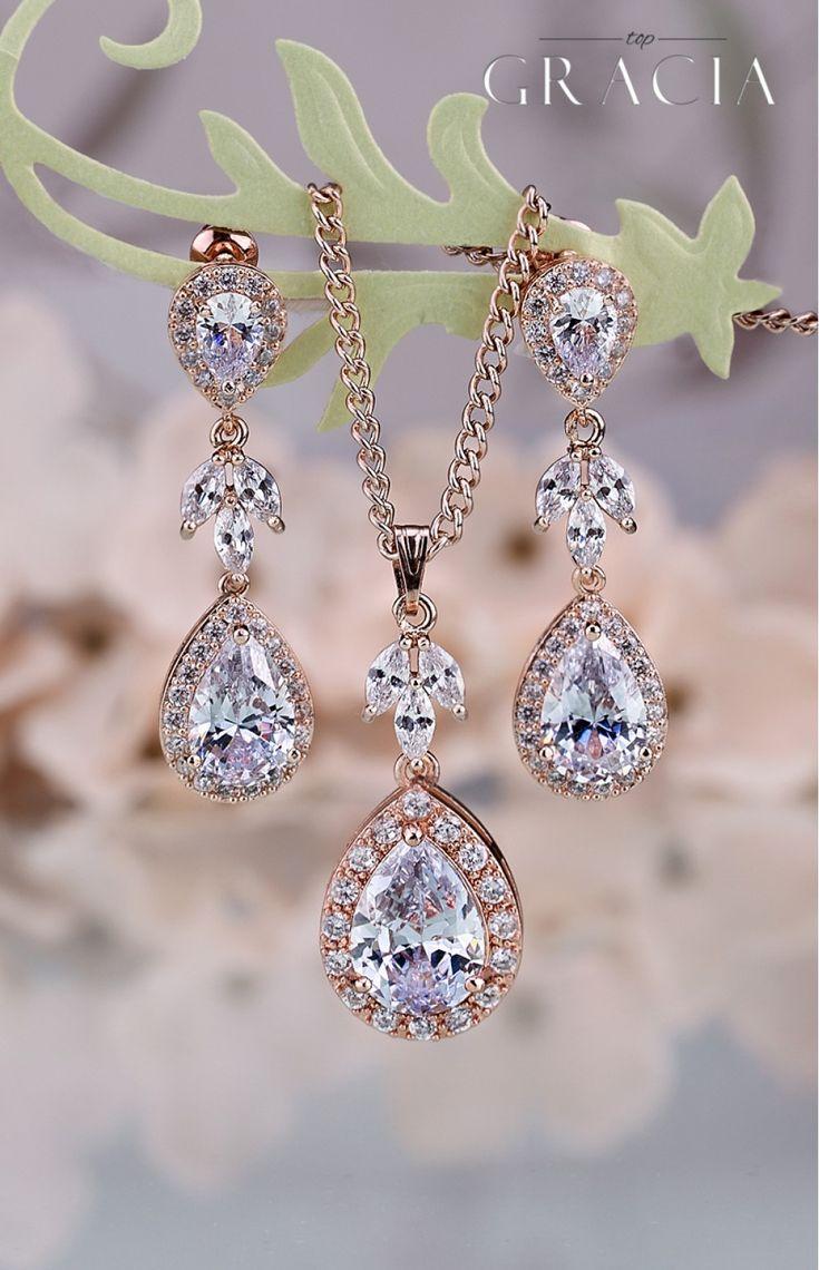 Hochzeit - MINTA Cubic Zirconia Rose Gold Crystal Teardrop Bridal Earrings Necklace Wedding Jewelry Bridesmaid Gift
