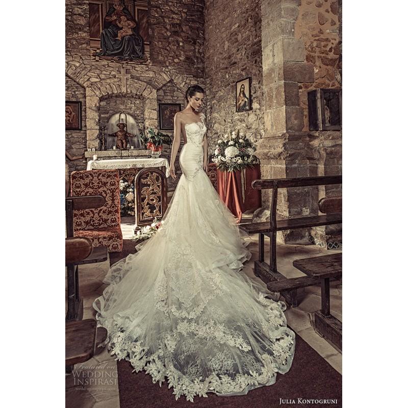 Mariage - Julia Kontogruni 2017 Cap Sleeves Beading Royal Train Zipper Up at Side Illusion Lace Mermaid Hall Fall Sweet Ivory Bridal Dress - Rich Your Wedding Day