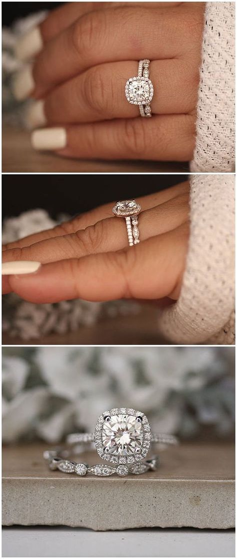 زفاف - 1.20ct Moissanite Engagement Ring, Cushion 7mm Moissanite 14k White Gold And Diamond Ring, Diamond Half Eternity Milgrain Band, Promise Ring