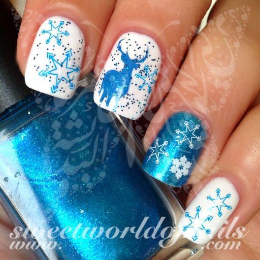 Wedding - Christmas Nail Art Blue And White Snowflakes Blue Reindeer Water Decals Water Slides