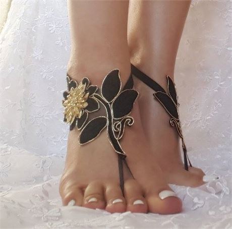 Hochzeit - Black Gothic Barefoot Sandals Wedding Bridal, Bellydance, Wedding Shoes, Summer