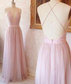 Mariage - Pink V Neck Tulle Long Prom Dress, Evening Dress