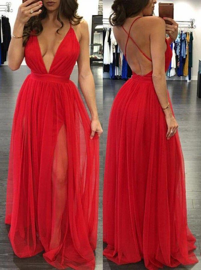 Wedding - A-Line Deep V-neck Floor-Length Backless Red Prom Dress With Ruched