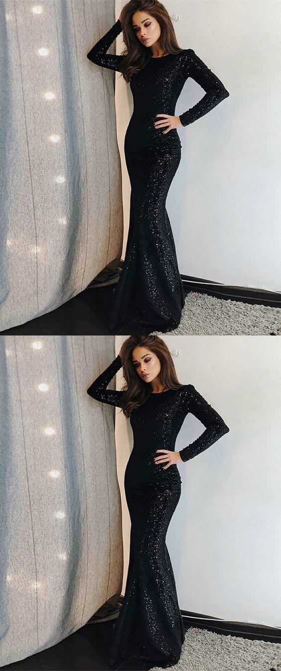 Свадьба - Unique Prom Dress Long Sleeve Evening Dress Black Prom Gowns Sequined Evening Dresses Cheap