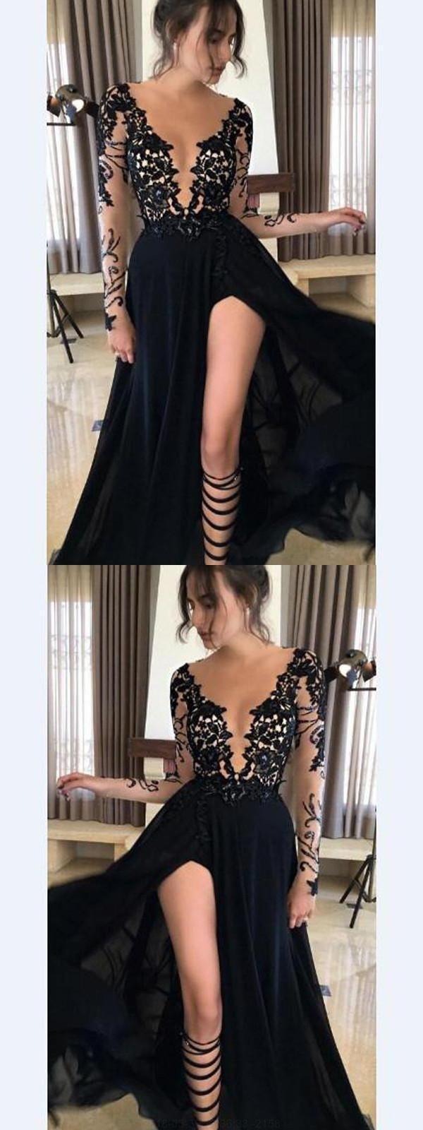 زفاف - Princess Prom Dresses, Black Prom Dresses, Long Prom Dresses With Side Split Long Sleeve Deep V-Neck WF02G49-512