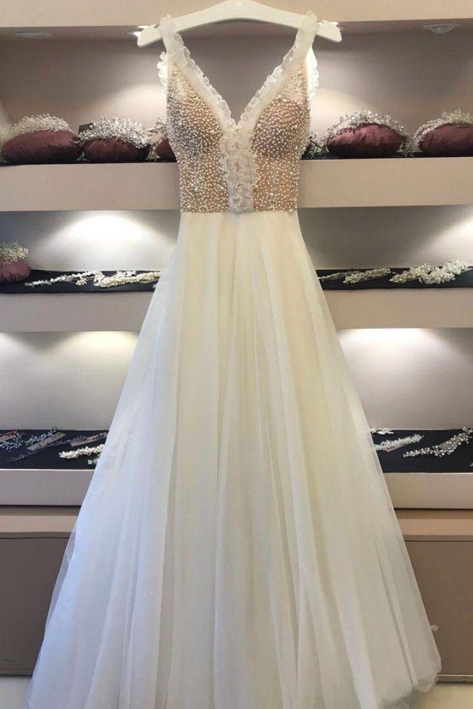 زفاف - White V Neck Beads Tulle Long Prom Dress, White Evening Dress