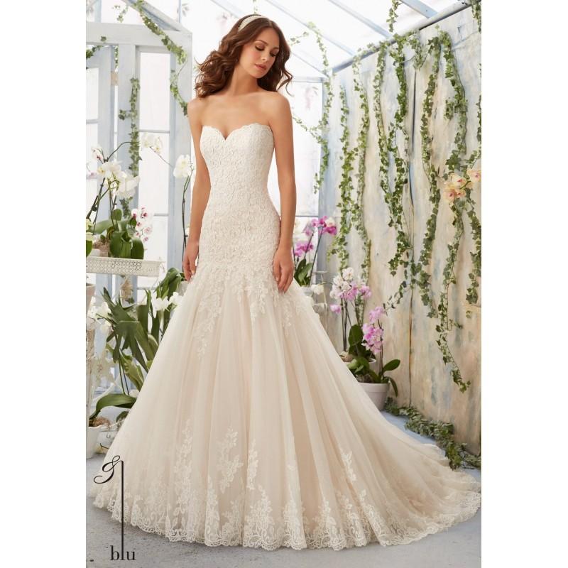 Hochzeit - Blu by Mori Lee 5402 Strapless Lace Fit and Flare Sample Sale Wedding Dress - Crazy Sale Bridal Dresses