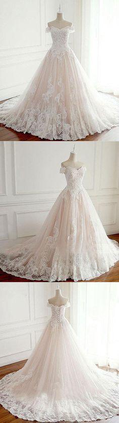 Wedding - Unique Lace Tulle Long Wedding Dress, Lace Long Bridal Dress, Champagne Tulle Lace Long Prom Dress