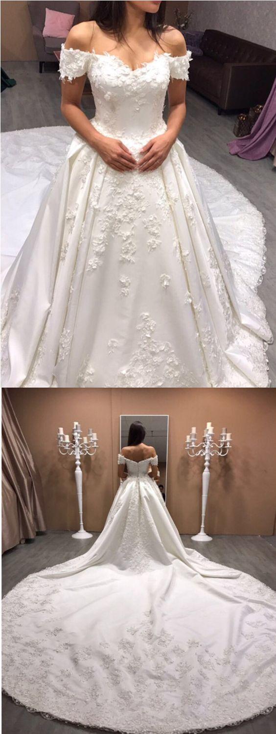 زفاف - Lace Embroidery V-neck Royal Train Satin Wedding Dresses 2018