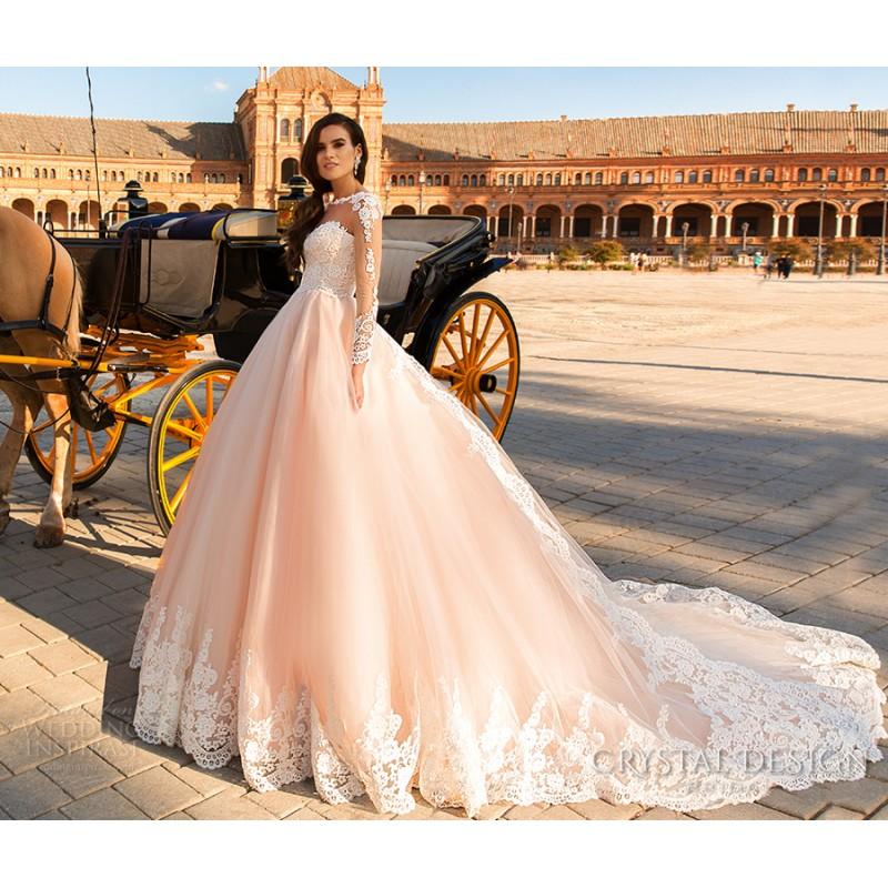 زفاف - Crystal Design 2017 Leda Bateau Pink Covered Button Ball Gown Sweet Tulle Appliques Royal Train Long Sleeves Dress For Bride - Rich Your Wedding Day