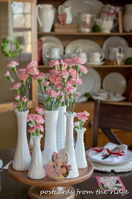 Wedding - Milk Glass And Mini Boxwood Wreaths For Valentine's Day