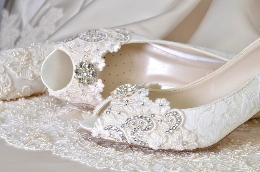 Mariage - Women's Wedding Shoes Crystals, Custom Med Heel Wedding Shoes -Colors- Vintage Wedding Lace Peep Toe Heels, Women's Bridal Shoes 2.5" Heels