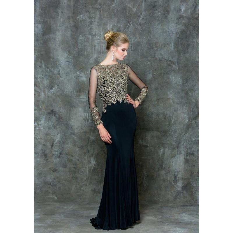 زفاف - Glow by Colors - G726 Sheer Long Sleeve Embroidered Gown - Designer Party Dress & Formal Gown