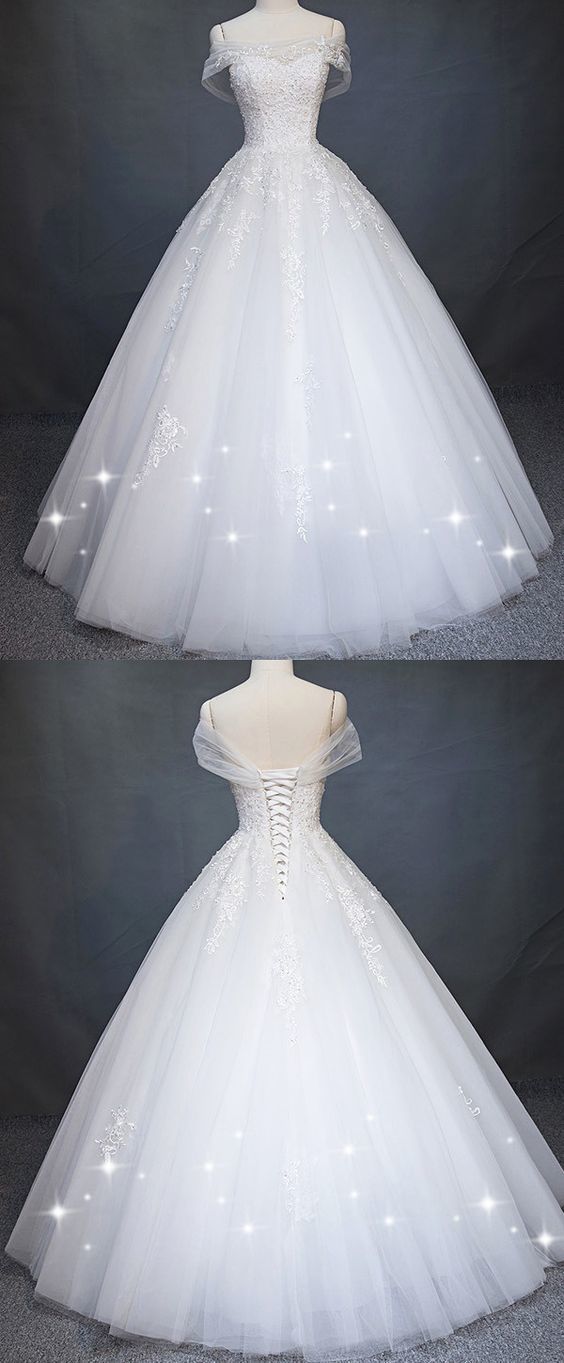 Wedding - Attractive Tulle Off-the-shoulder Neckline A-Line Wedding Dress With Beaded Lace Appliques