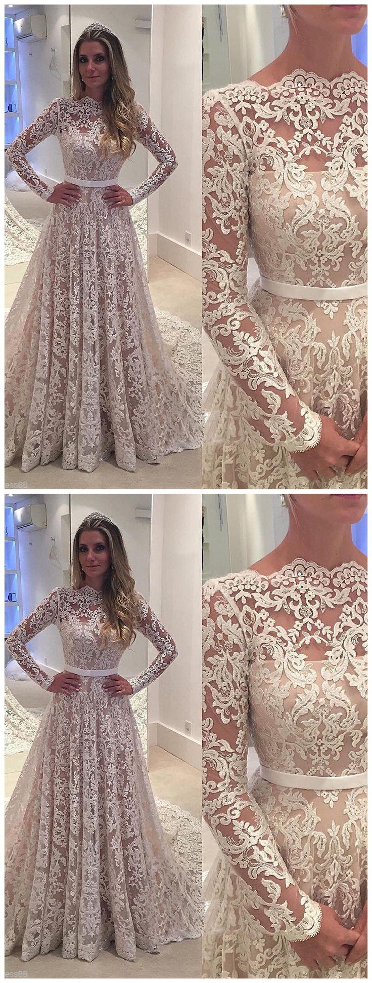 Mariage - Chapel Train Vintage Lace Wedding Dresses Long Sleeves Wedding Gown Apd2174