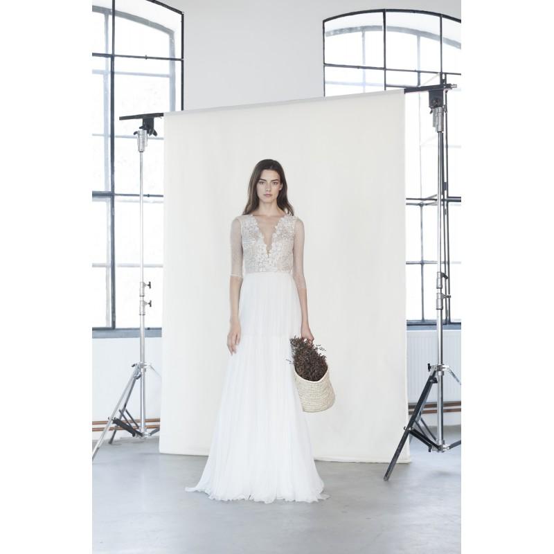 Wedding - Divine Atelier 2018 Daphne 3/4 Sleeves Illusion Aline White Sweep Train Sweet Chiffon Embroidery Beach Bridal Dress - Bridesmaid Dress Online Shop