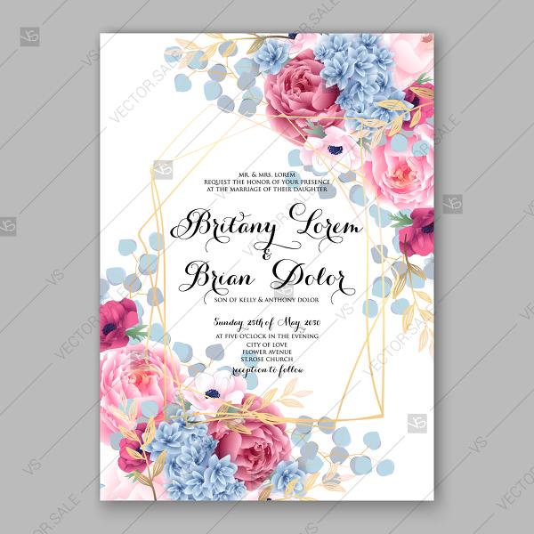 Свадьба - Pink peony, blue hydrangea, eucalyptus floral wedding invitation vector card template decoration bouquet