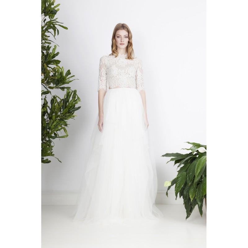 زفاف - Divine Atelier 2017 Candide Outfit Sweep Train Ivory 1/2 Sleeves High Neck Ball Gown Appliques Tulle Wedding Dress - Bridesmaid Dress Online Shop
