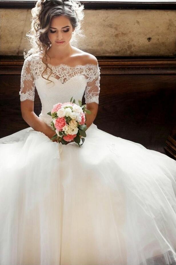 زفاف - Illusion Off-the-shoulder Princess Wedding Dress With Sleeves