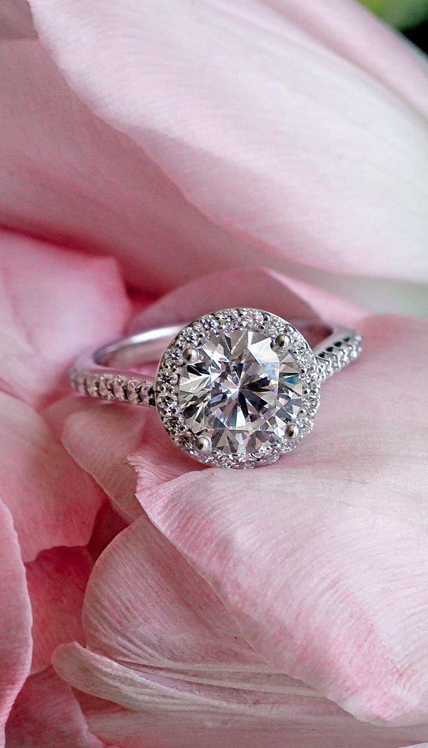 Hochzeit - 18K White Gold Halo Diamond Ring With Side Stones (1/3 Ct. Tw.)