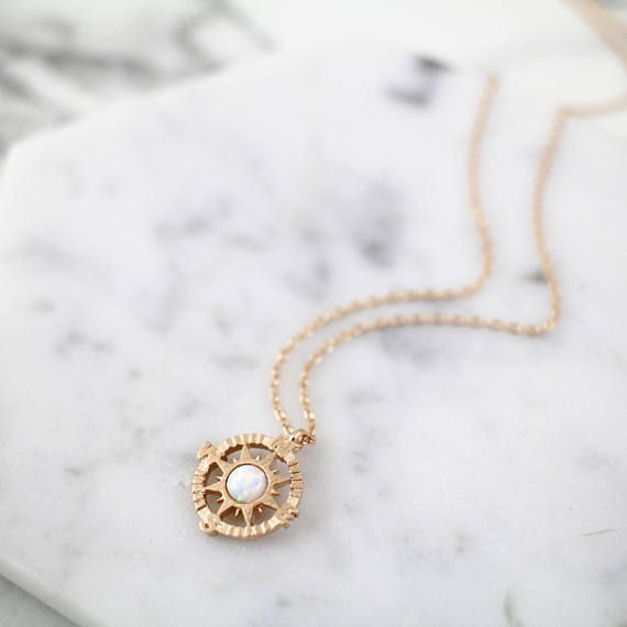 زفاف - Rose Gold Compass With Opal Stone Charm Necklace, Rose Gold Necklace, Compass Necklace, Minimalist Necklace,Bridesmaid Gift,5088
