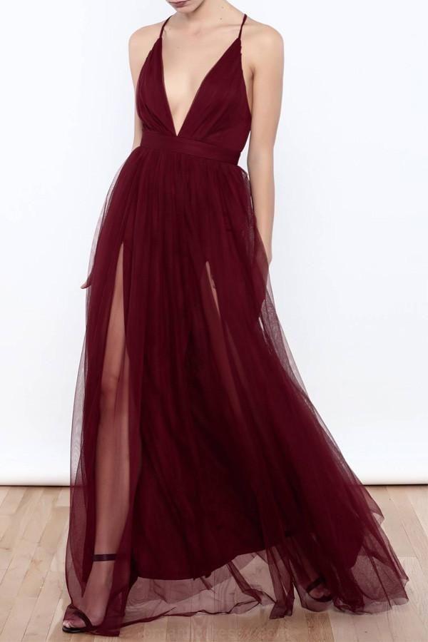 زفاف - Enticing Long Prom Dress Sexy Deep V Neck Tulle High Slit Burgundy Prom Dresses Evening Dresses