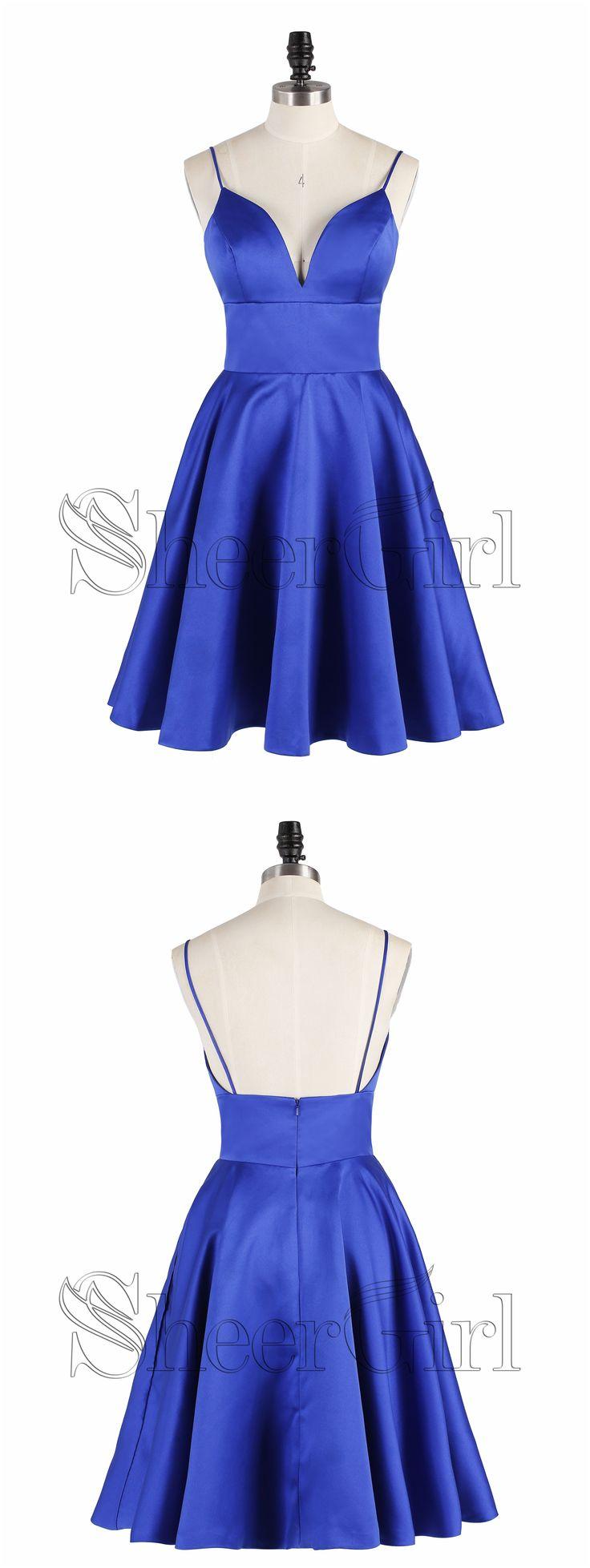 زفاف - Spaghetti Strap Royal Blue Homecoming Dresses V Neck Satin Cocktail Dress ARD1459