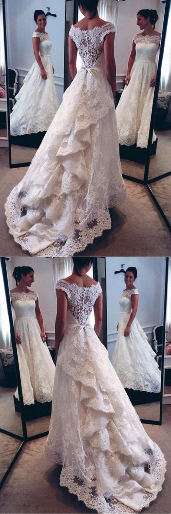 Hochzeit - Hot Sale Trendy Wedding Dresses Lace Classic Off-The-Shoulder Tiered Lace A-Line Wedding Dress