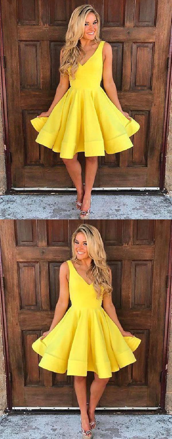 Hochzeit - A-line/Princess Yellow Satin Cute Sleeveless Deep V-Neck Backless Short Dresses Homecoming