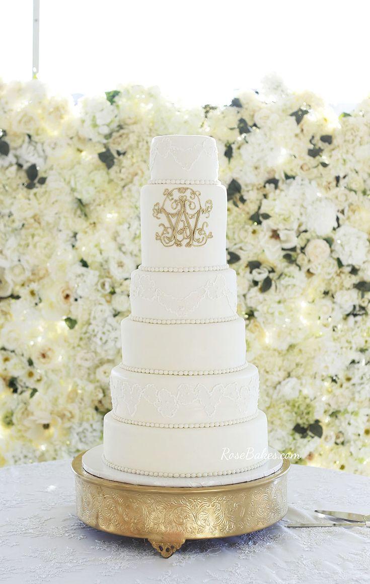 Wedding - Elegant Tall Lace Wedding Cake With Gold Monogram