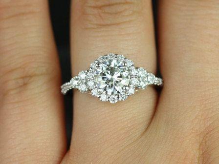 Hochzeit - Rosados Box Amora 7mm 14kt White Gold Round F1- Moissanite And Diamonds Halo Heart Shape Detail Engagement Ring