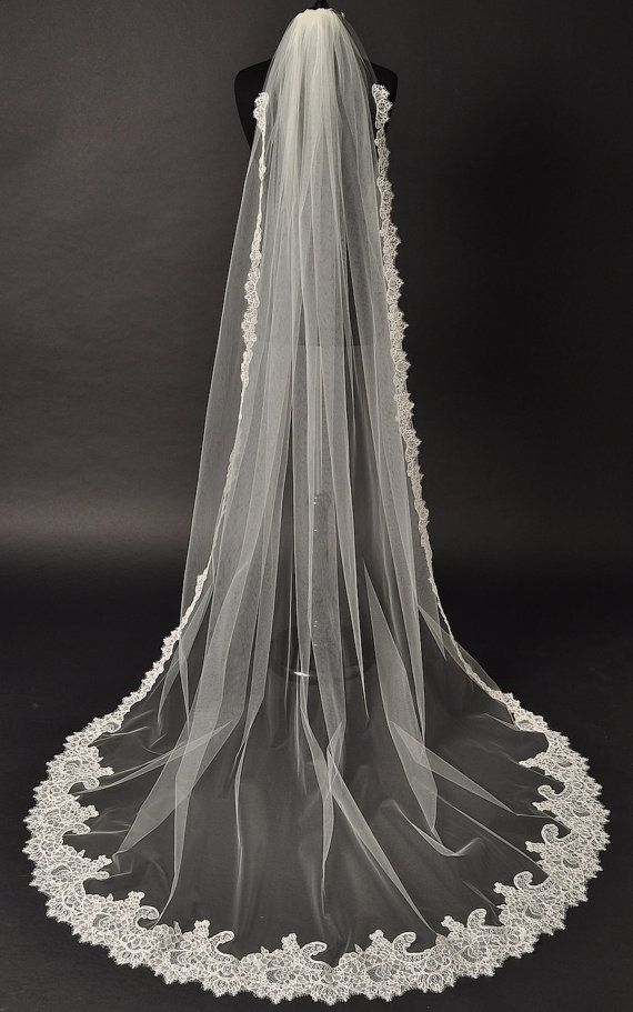 زفاف - Cathedral Lace Veil, Alencon Lace Bridal Veil, Couture Bridal Veil, Chapel Veil, Wedding Veil, Single Layer Veil, Ivory Veil, Diamond Veil