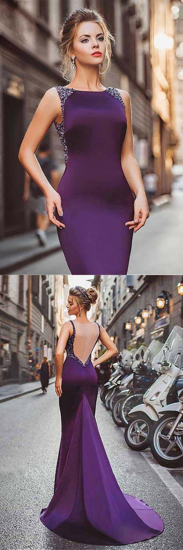 Mariage - Custom Made Fine Purple Prom Dresses Neckline Satin Purple Mermaid Evening Dresses With Beadings
