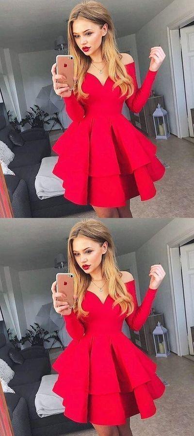 Mariage - Long Sleeve Red Short Homecoming Dress, Off The Shoulder Tiered Graduation Party Dress,Cheap Prom Dress,Formal Dress,862031