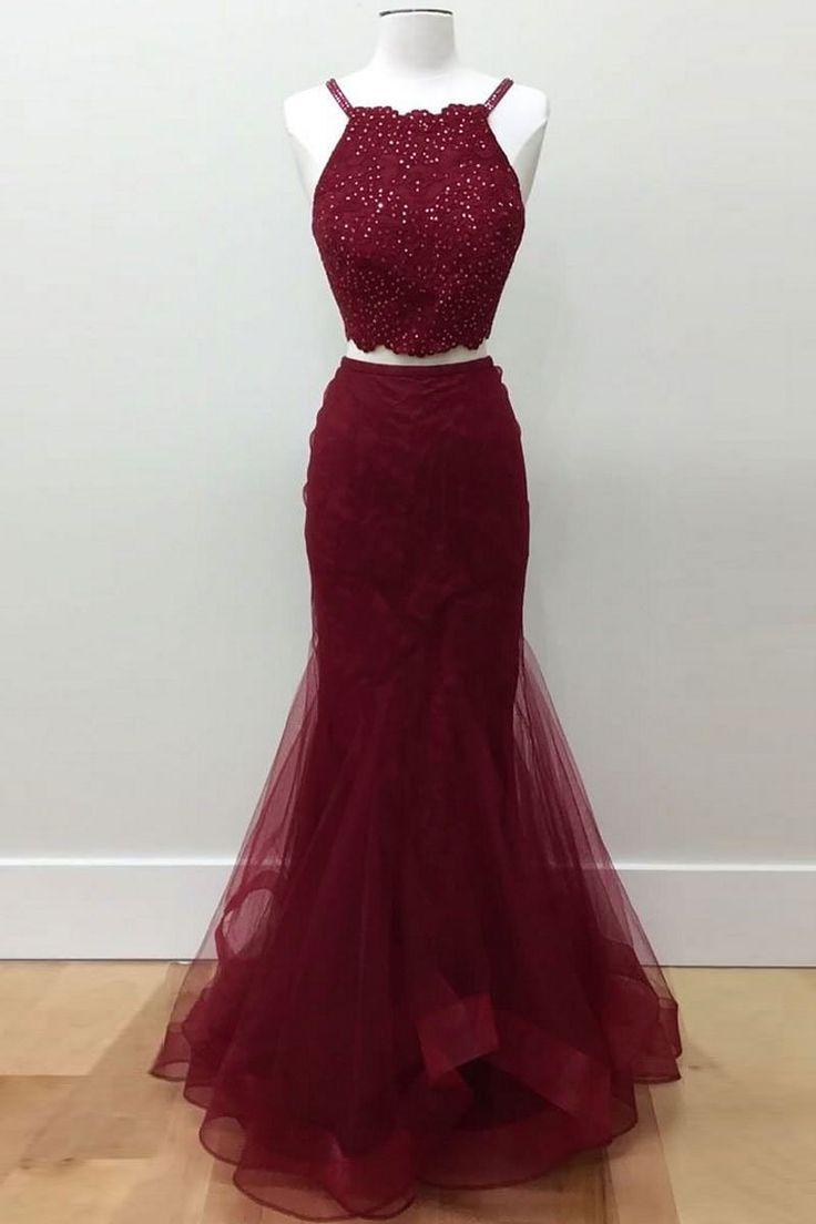 Wedding - Burgundy Two Pieces Lace Long Prom Dress, Burgundy Evening Dress