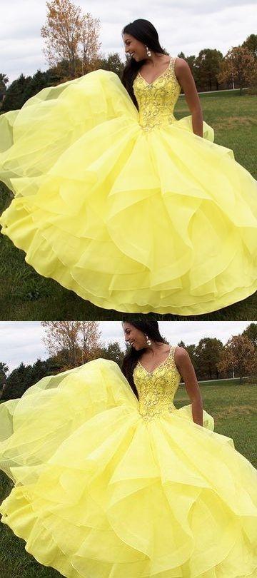 Wedding - Yellow Prom Gown, Long Prom Dresses,2018 Ball Gown,V-Neck Sleeveless Prom Gown
